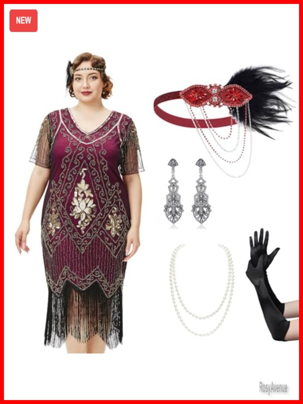 1920s Flapper Sequin Beaded Dress Set V-Neck Fitted Gatsby Costume
